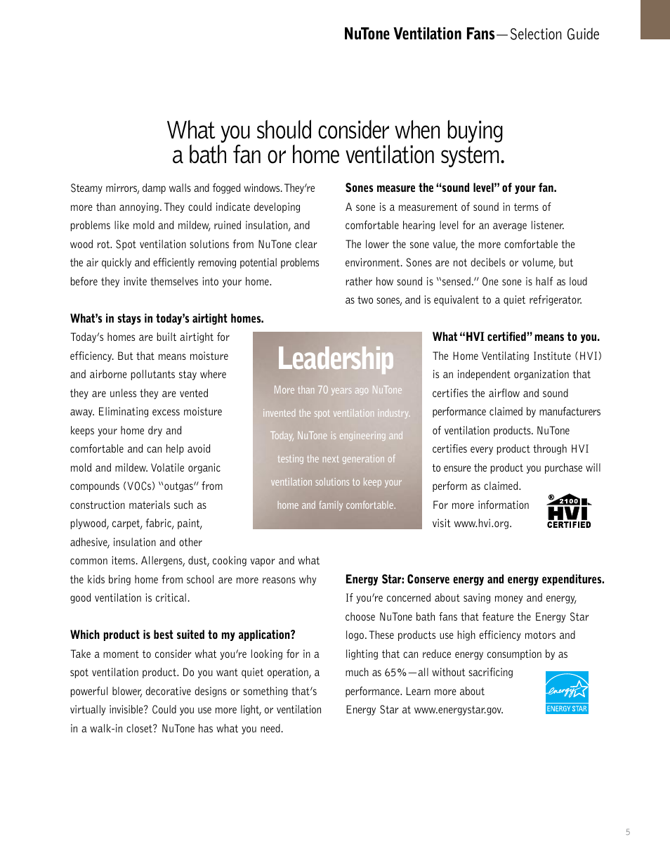 Leadership | NuTone QTXEN User Manual | Page 5 / 36