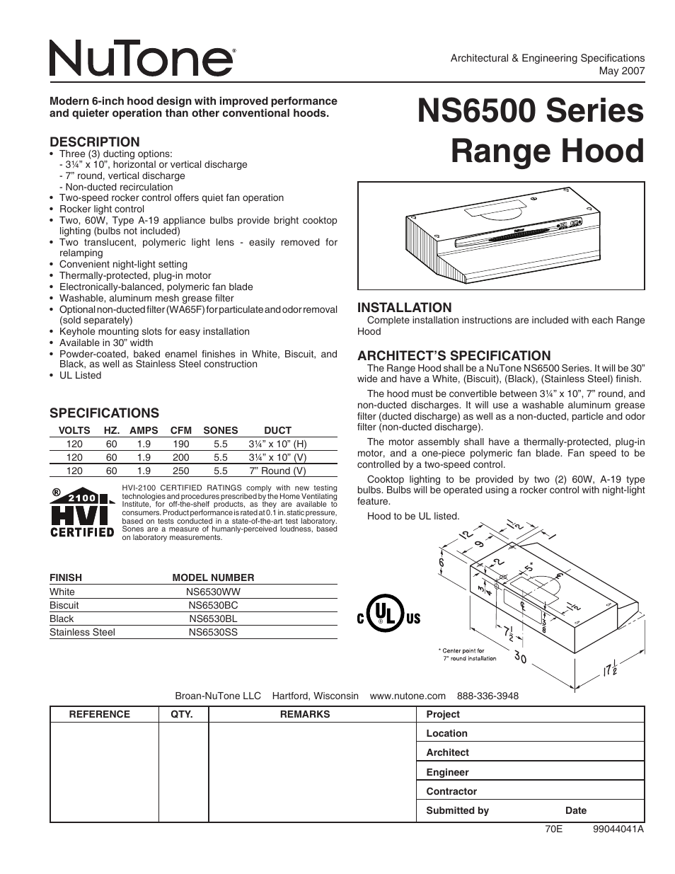 NuTone NS6530BC User Manual | 1 page