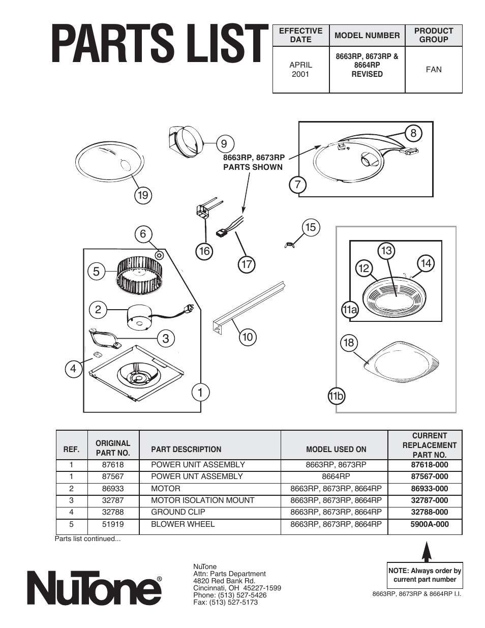 Parts list | NuTone 8673RP User Manual | Page 11 / 12