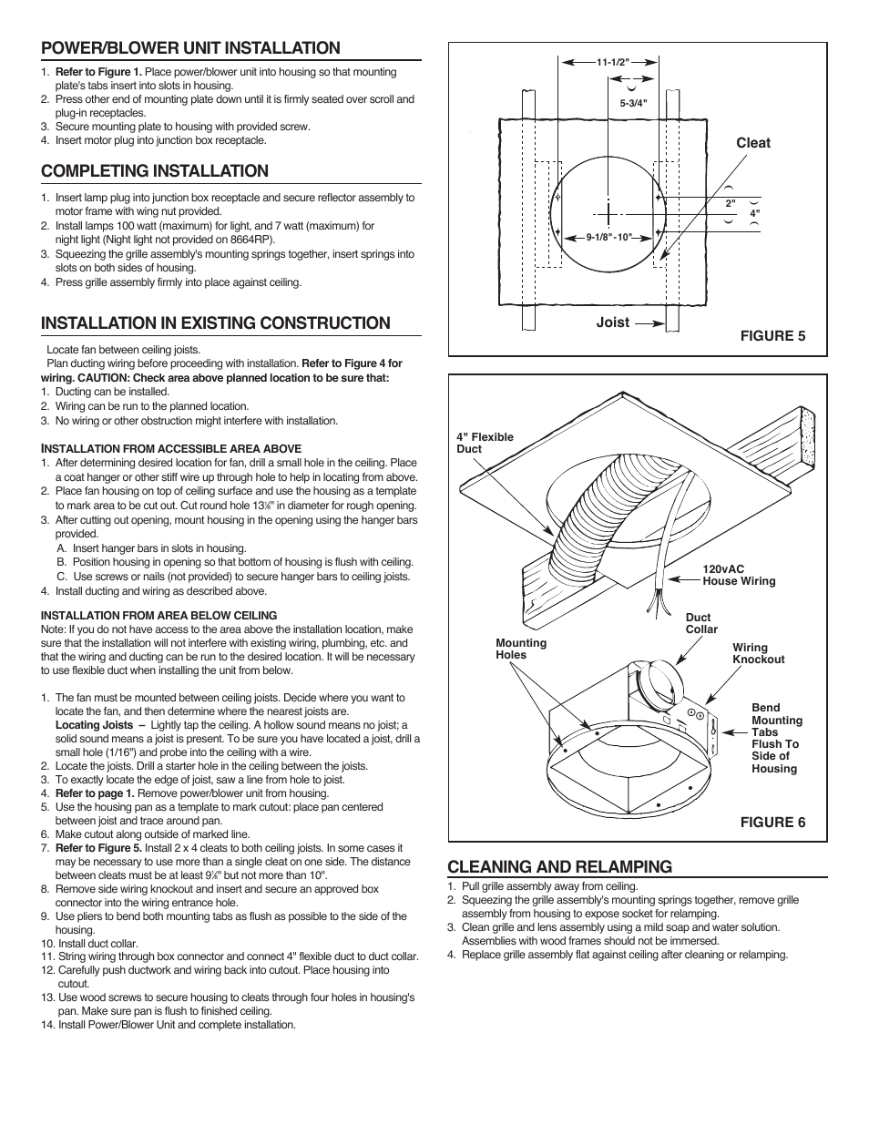 Power/blower unit installation, Completing installation, Installation in existing construction | Cleaning and relamping | NuTone 8673RP User Manual | Page 3 / 12