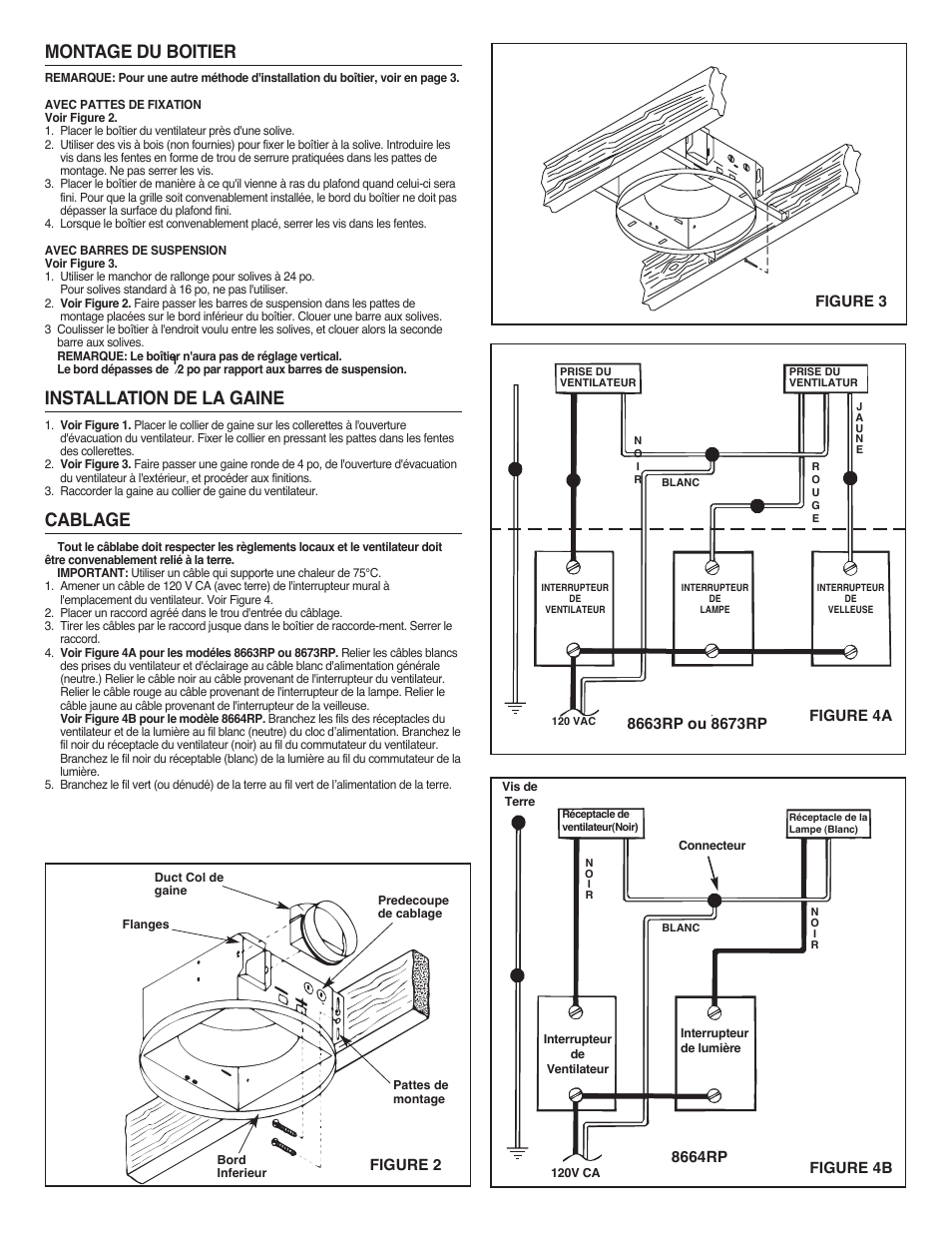 Montage du boitier, Installation de la gaine, Cablage | NuTone 8673RP User Manual | Page 5 / 12