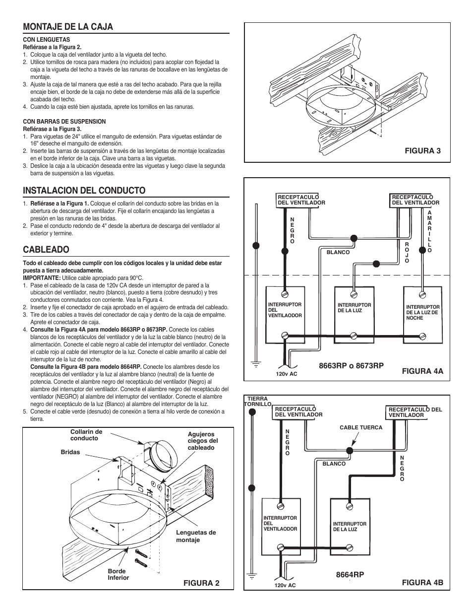 Montaje de la caja, Instalacion del conducto, Cableado | NuTone 8673RP User Manual | Page 8 / 12