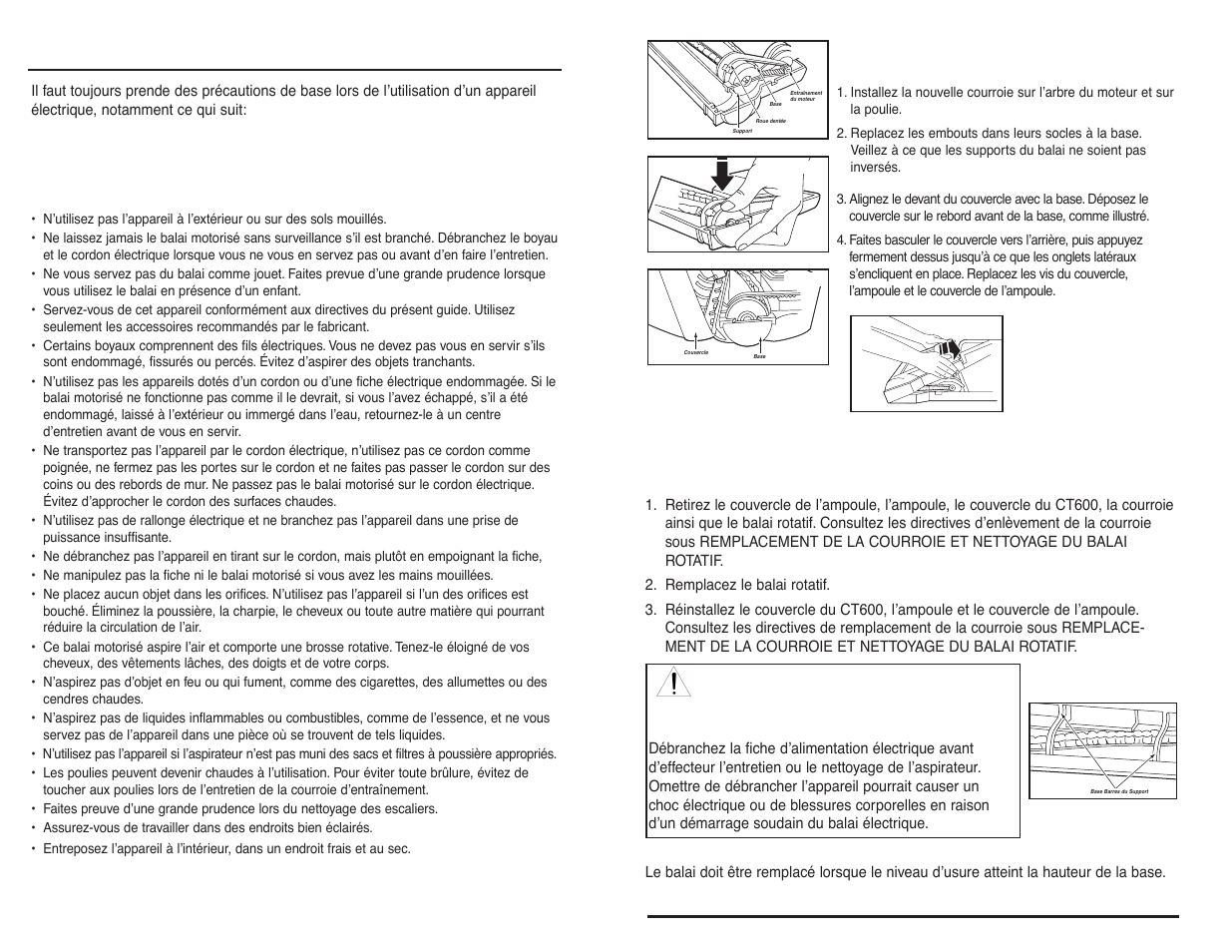 Mise en garde, Conserver des directives, Importantes précautions | Remplacement de la courroie, Entretien du balai rotatif, Avertissement | NuTone CT600 User Manual | Page 10 / 12