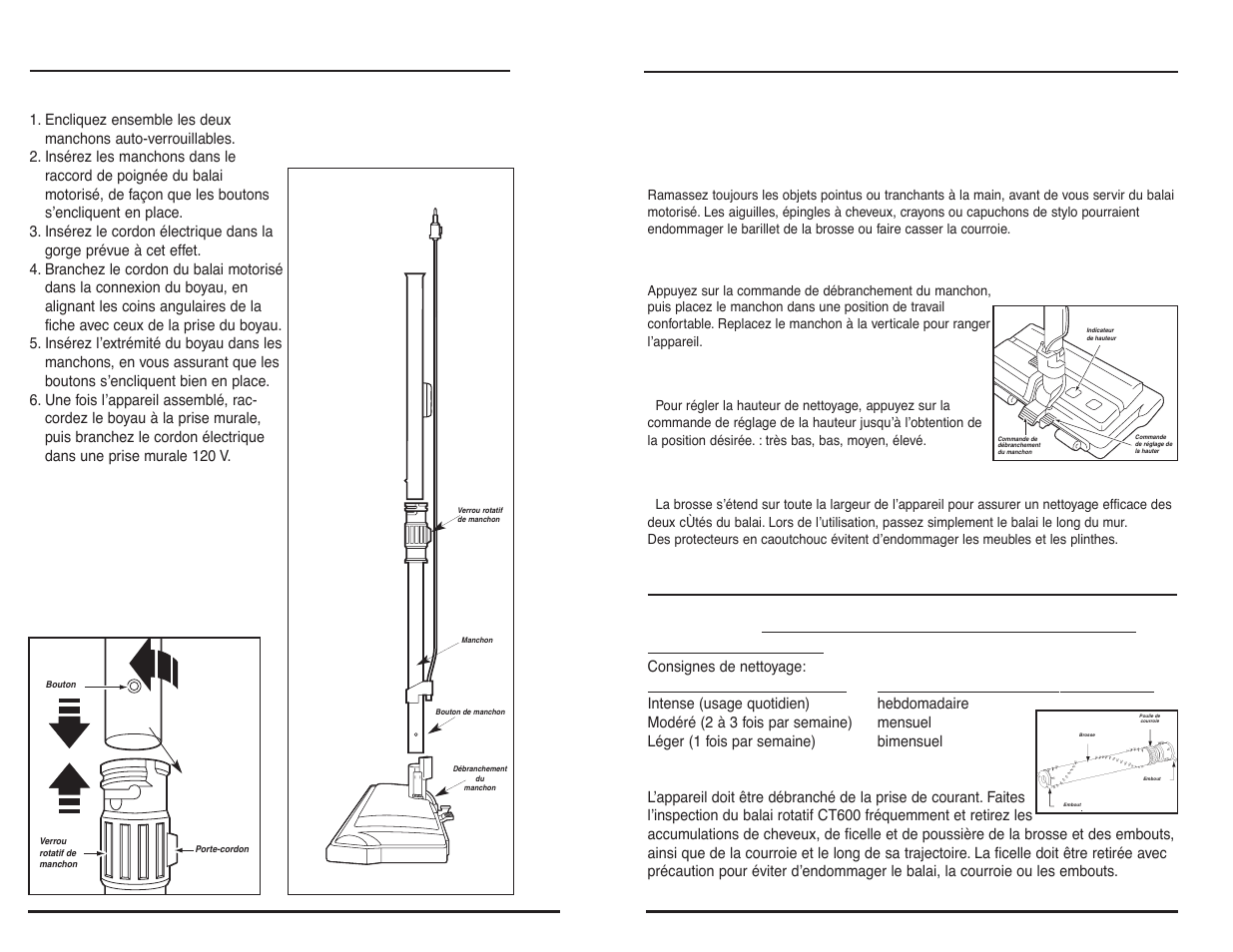 Assemblage du balai motoris, Utilisation du balai motoris, Nettoyage du balai rotatif | Retrait du manchon, Réglage de la hauter, Nettoyage des bordures | NuTone CT600 User Manual | Page 12 / 12