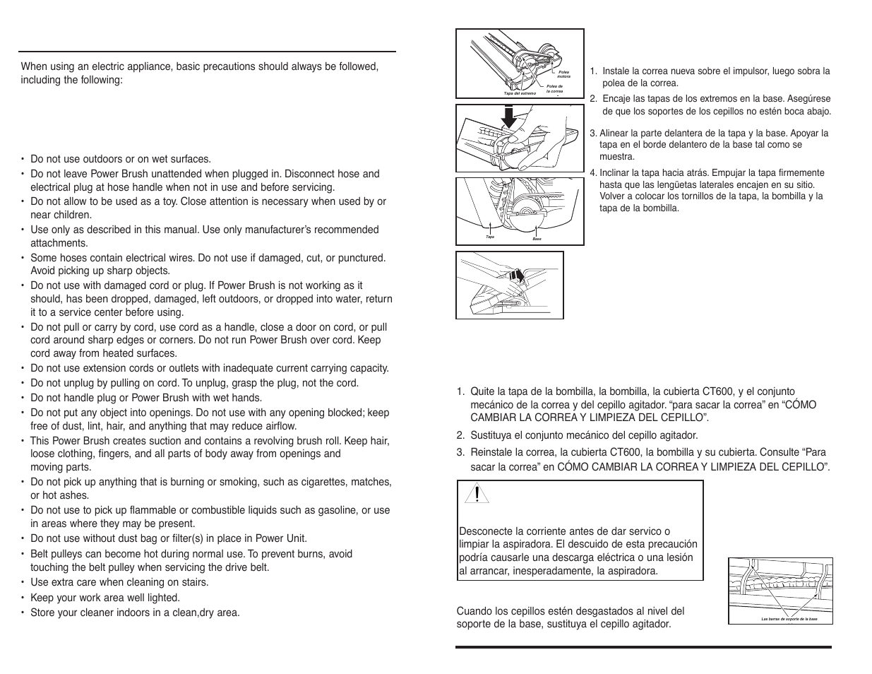 Warning, Save these instructions, Important safeguards | Cómo volver a colocar la correa, Setrvico de revisión del cepillo agitador | NuTone CT600 User Manual | Page 2 / 12