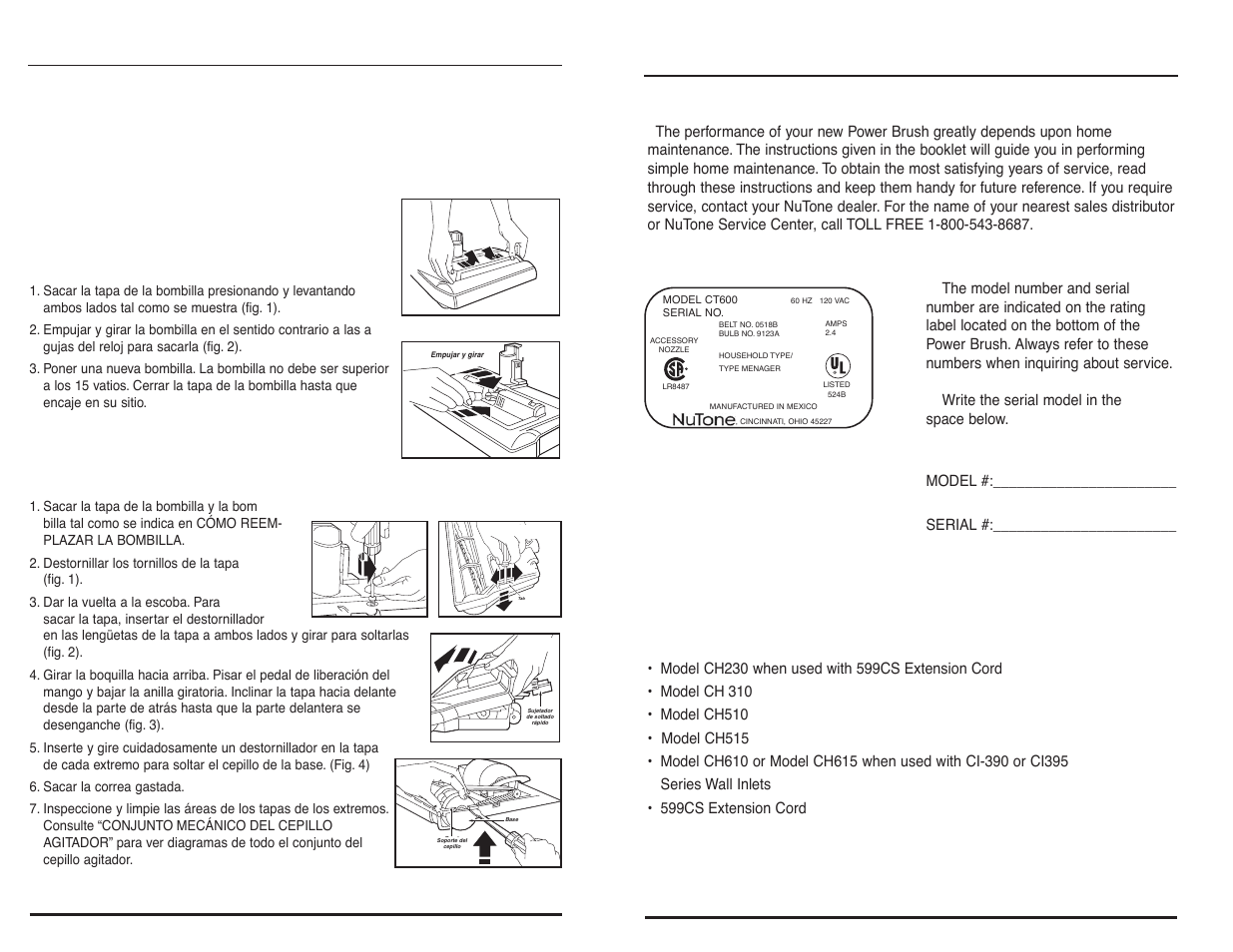 General information, Cómo mantener la escoba, Service information | Rating plate, Cómo reemplazar la bombilla, Cómo cambiar la correa, Ct600 | NuTone CT600 User Manual | Page 3 / 12
