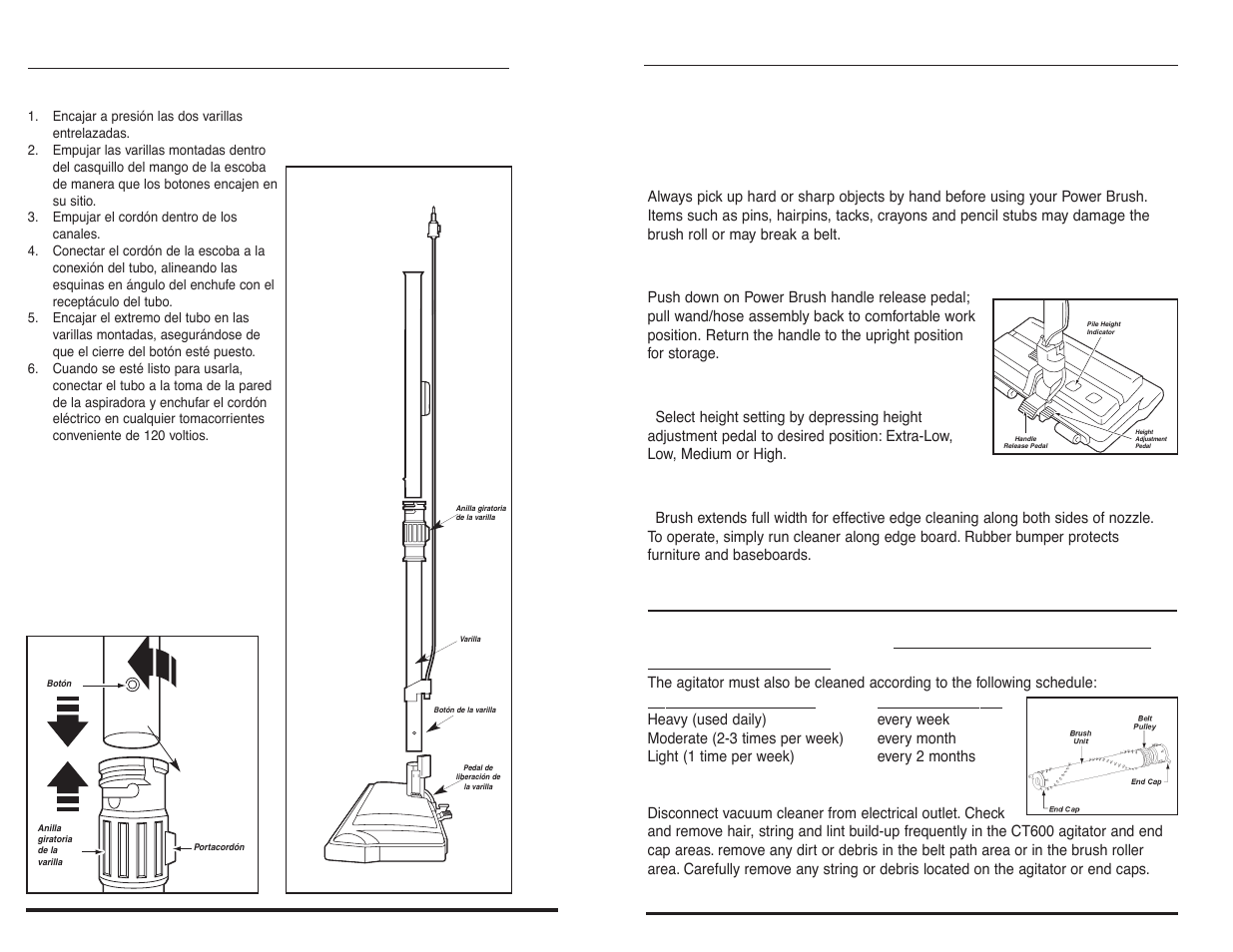 How to use the power brush, Cómo montar la escoba, Handle release | Height adjustment, Edge cleaner | NuTone CT600 User Manual | Page 5 / 12