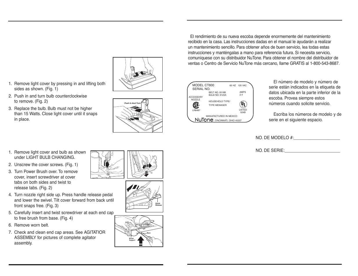 Maintaining the power brush, Información general, How to replace light bulb | How to change the belt, Información de servico, Placa de datos, Warning, Electrical shock or personal injury hazard, Ct600 | NuTone CT600 User Manual | Page 6 / 12