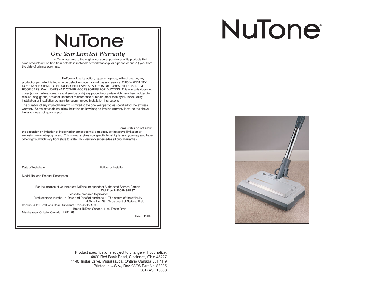 Escoba motorizada de lujo, Modelo: ct600, One year limited warranty | NuTone CT600 User Manual | Page 8 / 12