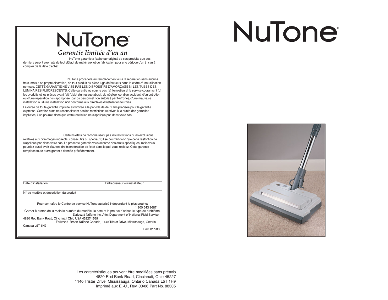 Balai motorisé de luxe, Modèle: ct600, Guide d’utilisation | Garantie limitée d’un an | NuTone CT600 User Manual | Page 9 / 12