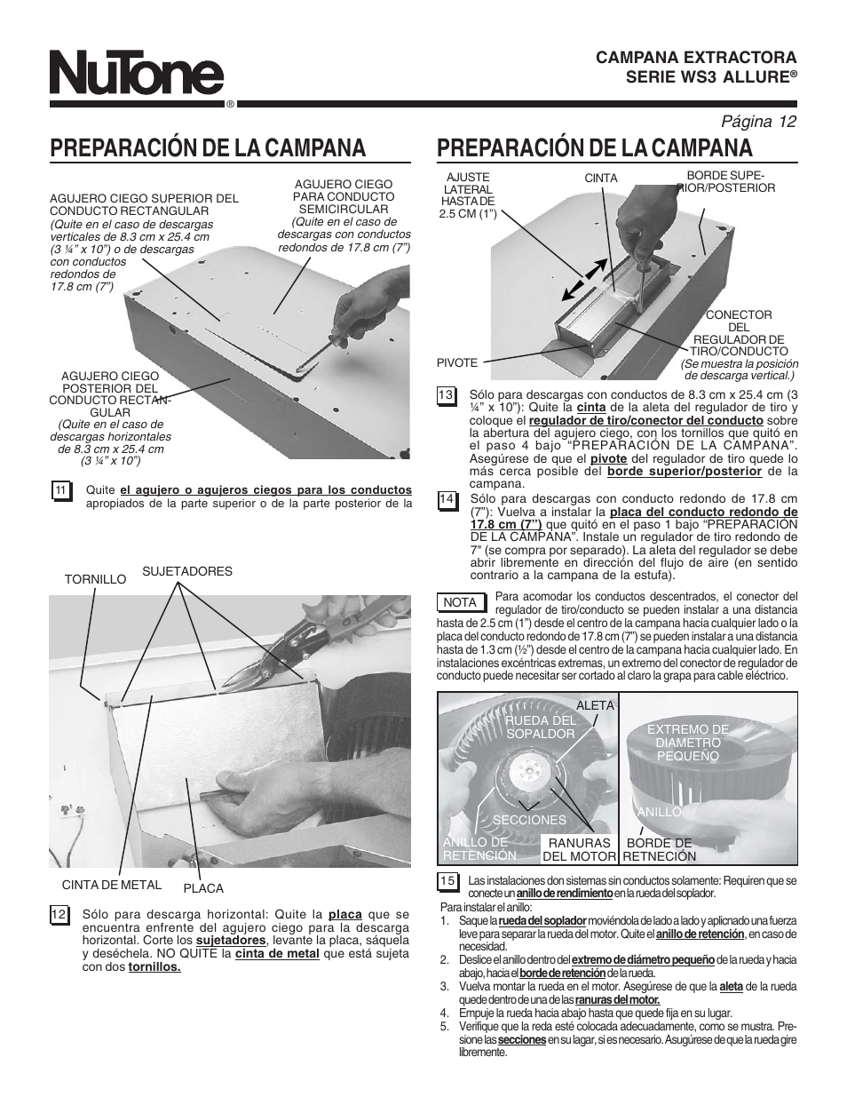 Preparación de la campana, Page 12, Página 12 | NuTone ALLURE WS3 User Manual | Page 12 / 16
