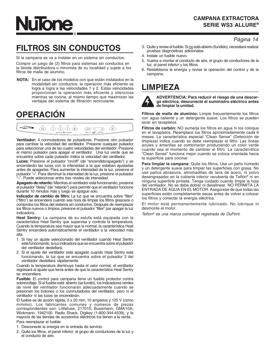 Filtros sin conductos, Operación, Limpieza | Page 14, Página 14 | NuTone ALLURE WS3 User Manual | Page 14 / 16
