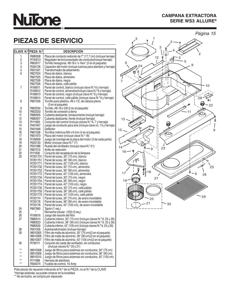 Piezas de servicio, Page 15, Página 15 | Allure | NuTone ALLURE WS3 User Manual | Page 15 / 16