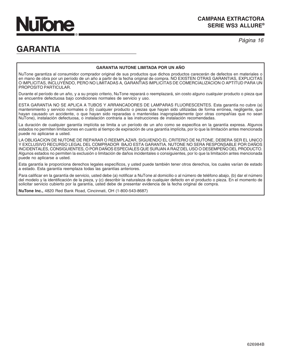 Garantia, Page 16, Página 16 | NuTone ALLURE WS3 User Manual | Page 16 / 16
