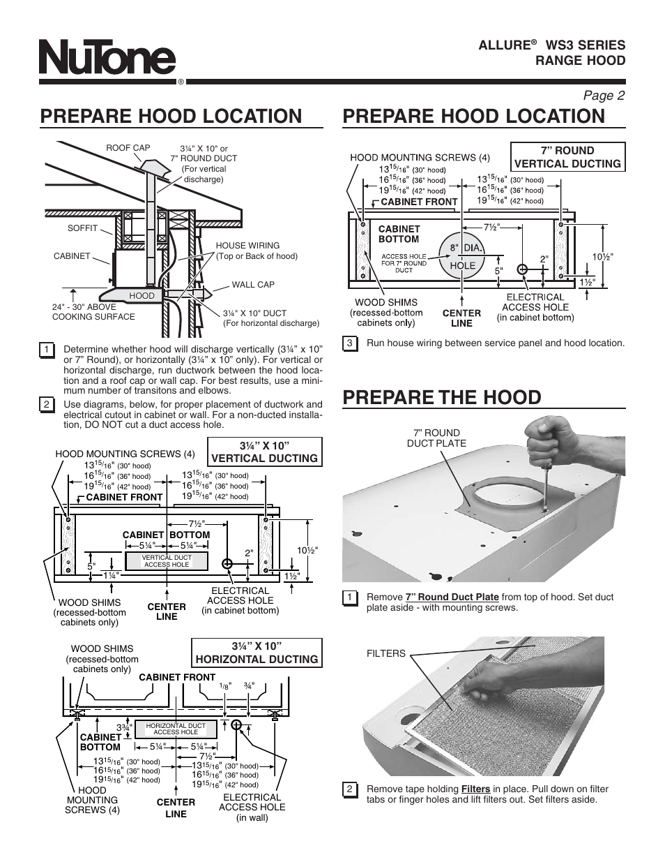 Prepare hood location prepare the hood, Prepare hood location, Page 2 | Allure, Ws3 series range hood | NuTone ALLURE WS3 User Manual | Page 2 / 16