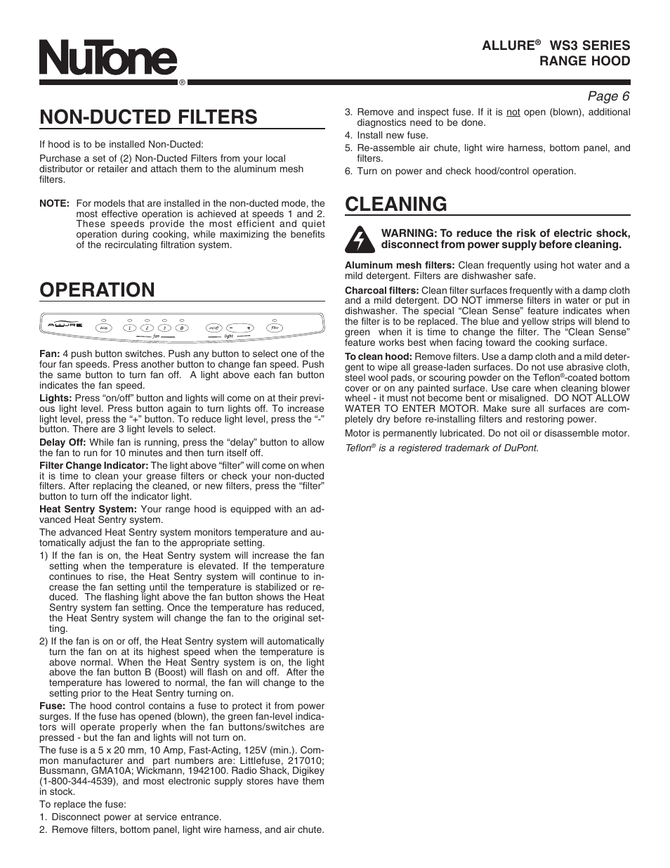 Non-ducted filters operation, Cleaning, Page 6 | NuTone ALLURE WS3 User Manual | Page 6 / 16