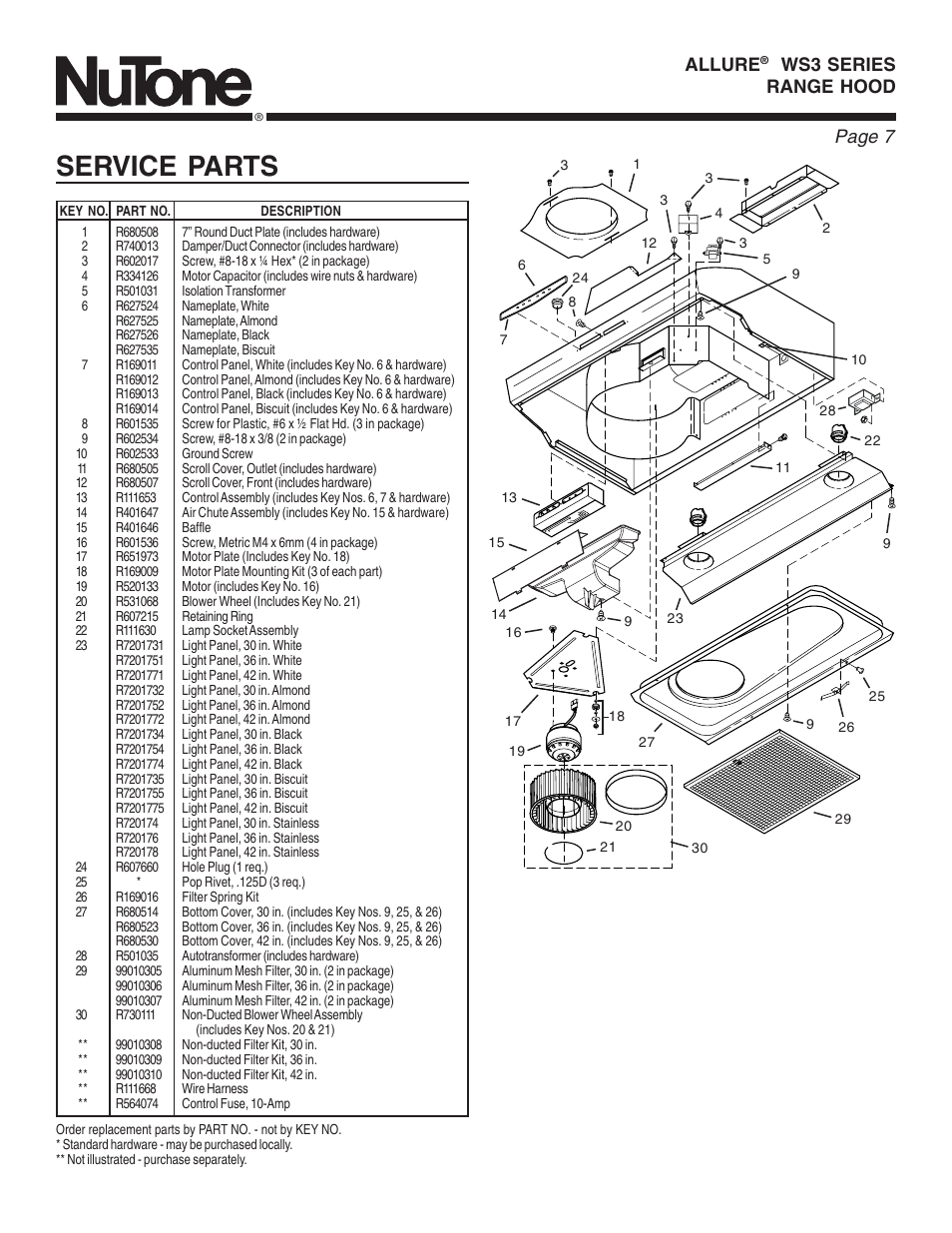 Service parts, Page 7, Allure | Ws3 series range hood | NuTone ALLURE WS3 User Manual | Page 7 / 16