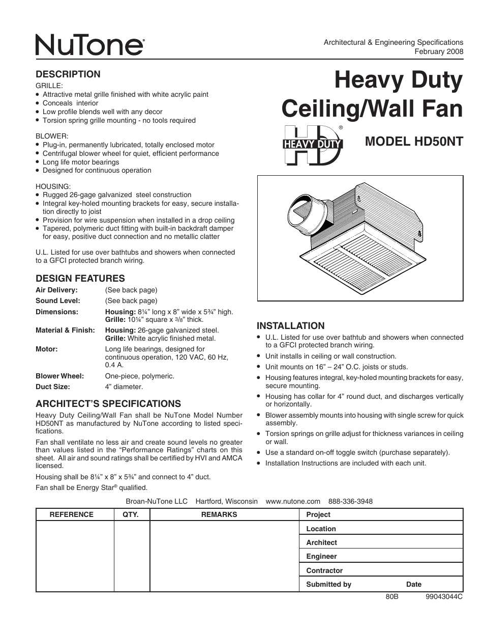 NuTone HD50NT User Manual | 2 pages