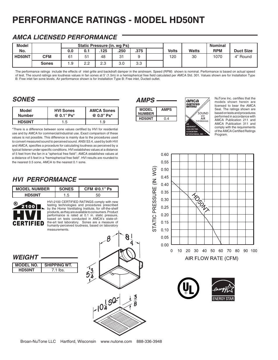 Performance ratings - model hd50nt, Amca licensed performance amps, Weight | Hvi performance, Sones | NuTone HD50NT User Manual | Page 2 / 2