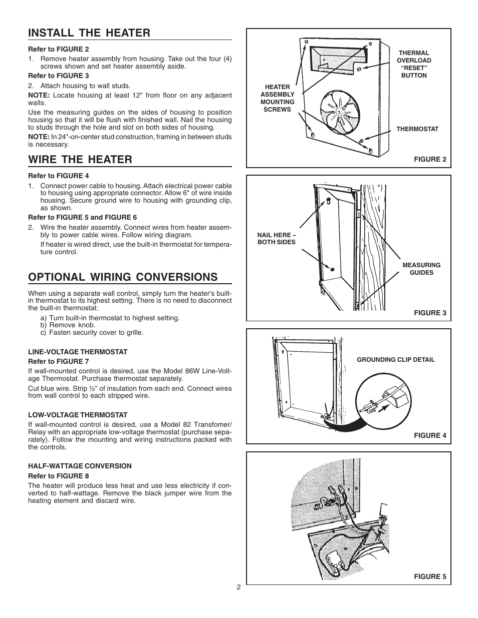 Install the heater, Wire the heater, Optional wiring conversions | NuTone 9194NT User Manual | Page 2 / 8