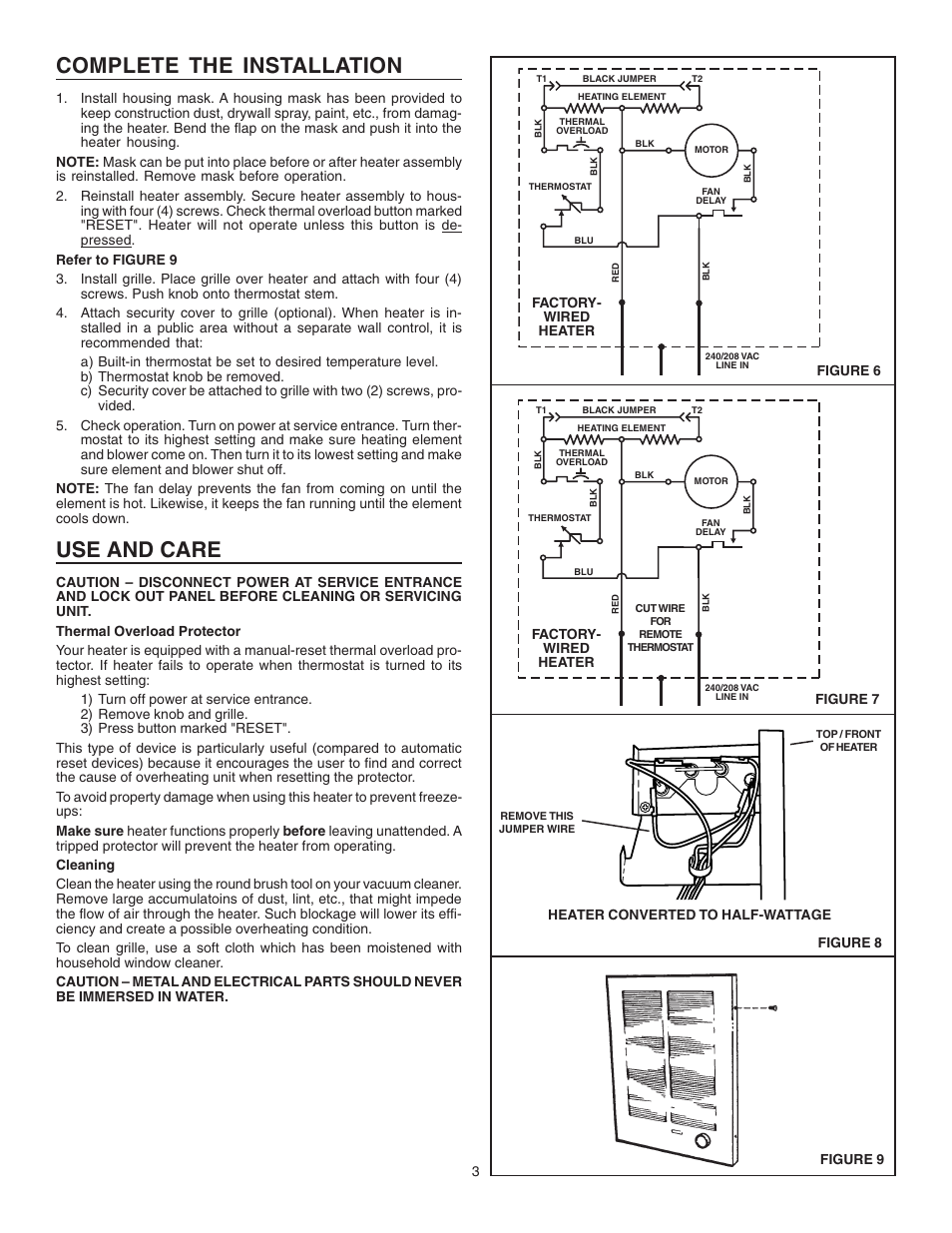 Complete the installation, Use and care | NuTone 9194NT User Manual | Page 3 / 8