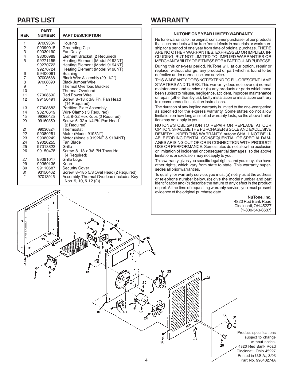 Parts list, Warranty | NuTone 9194NT User Manual | Page 4 / 8