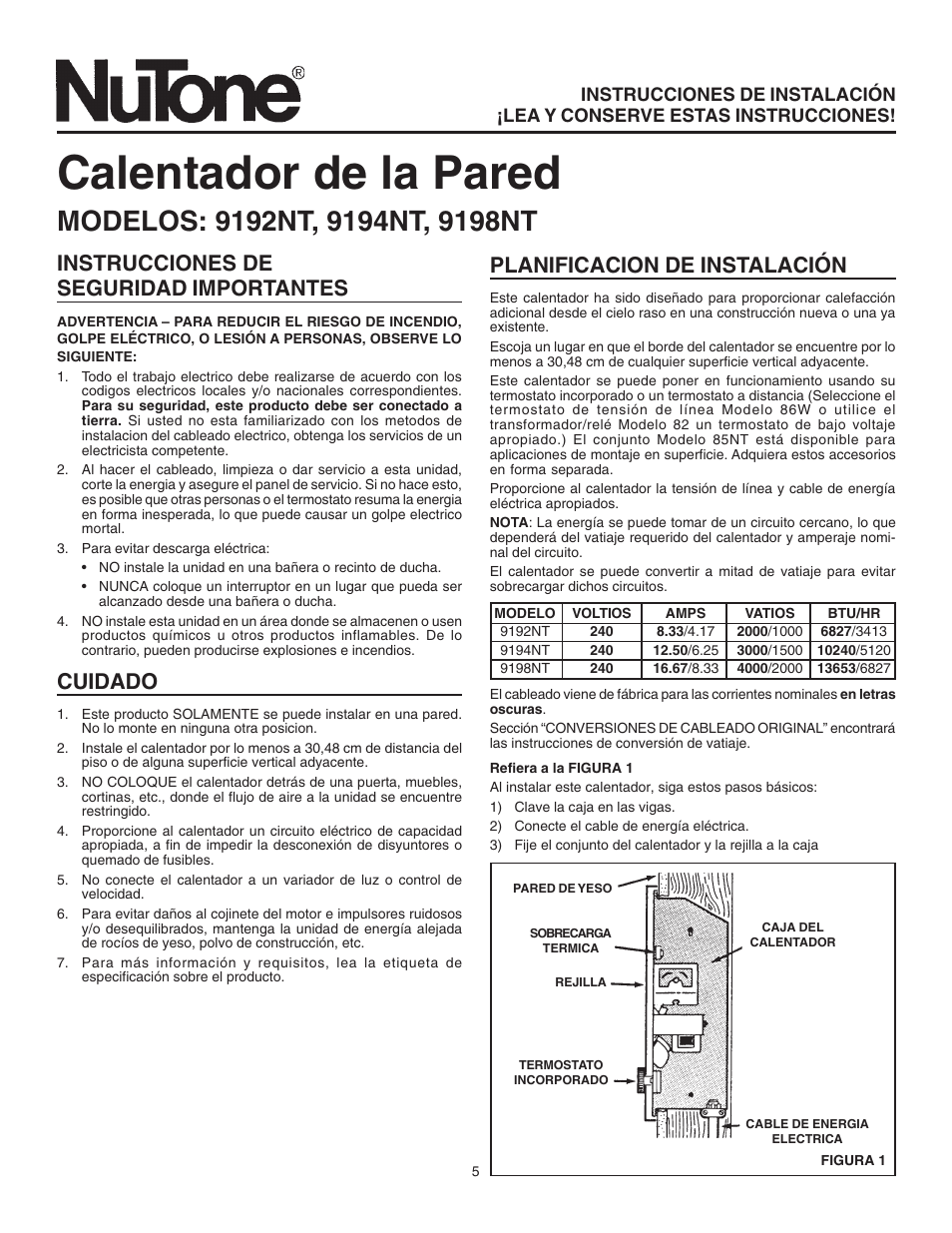 Calentador de la pared, Instrucciones de seguridad importantes, Cuidado | Planificacion de instalación | NuTone 9194NT User Manual | Page 5 / 8