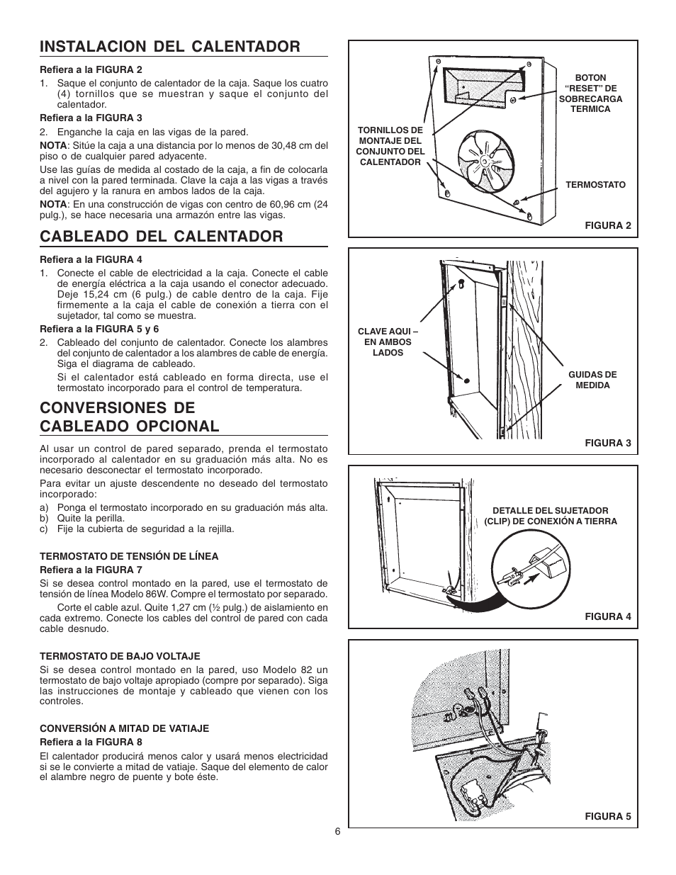 Instalacion del calentador, Cableado del calentador, Conversiones de cableado opcional | NuTone 9194NT User Manual | Page 6 / 8