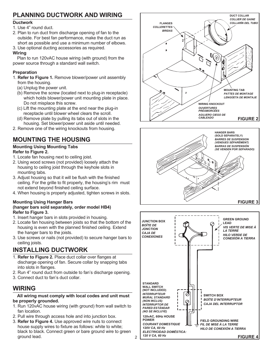 Planning ductwork and wiring, Mounting the housing, Installing ductwork | Wiring | NuTone 671R User Manual | Page 2 / 6