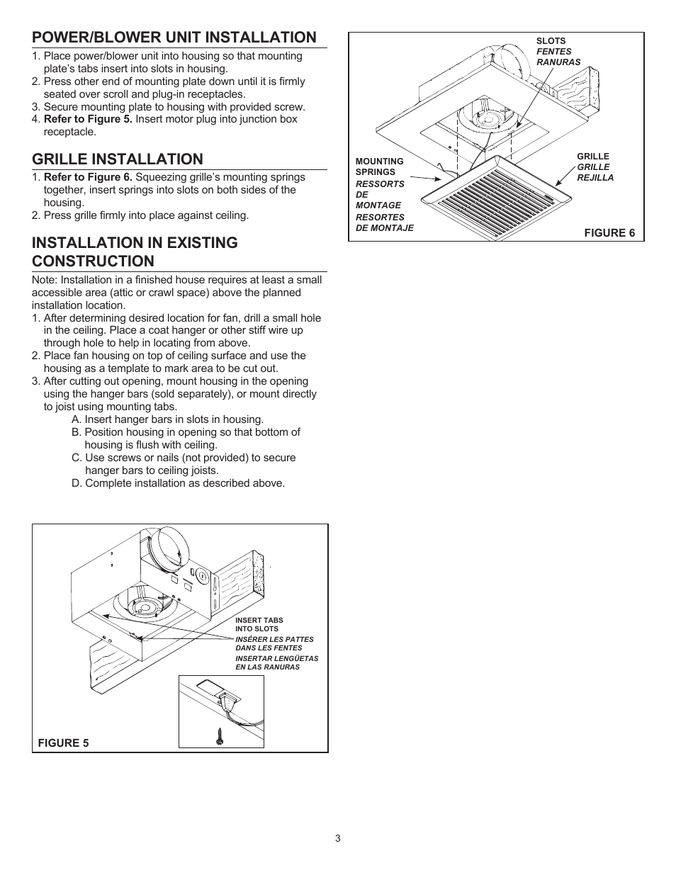 Power/blower unit installation, Grille installation, Installation in existing construction | NuTone 671R User Manual | Page 3 / 6