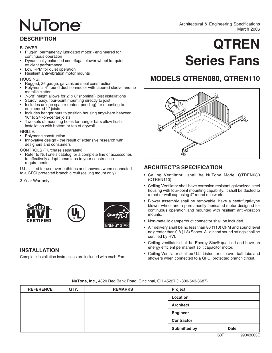 NuTone QTREN110 User Manual | 2 pages