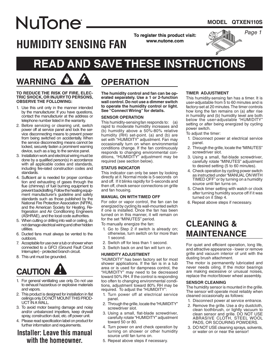 NuTone Humidity Sensing Fan QTXEN110S User Manual | 8 pages