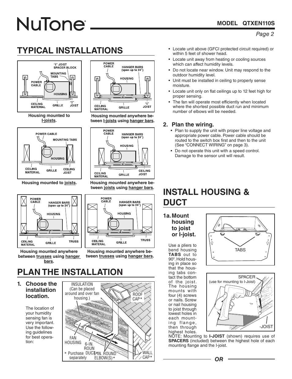 Typical installations, Plan the installation, Install housing & duct | NuTone Humidity Sensing Fan QTXEN110S User Manual | Page 2 / 8
