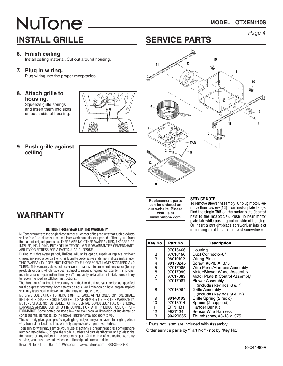 Service parts, Install grille, Warranty | Page 4 model qtxen110s, Finish ceiling, Plug in wiring, Attach grille to housing, Push grille against ceiling | NuTone Humidity Sensing Fan QTXEN110S User Manual | Page 4 / 8