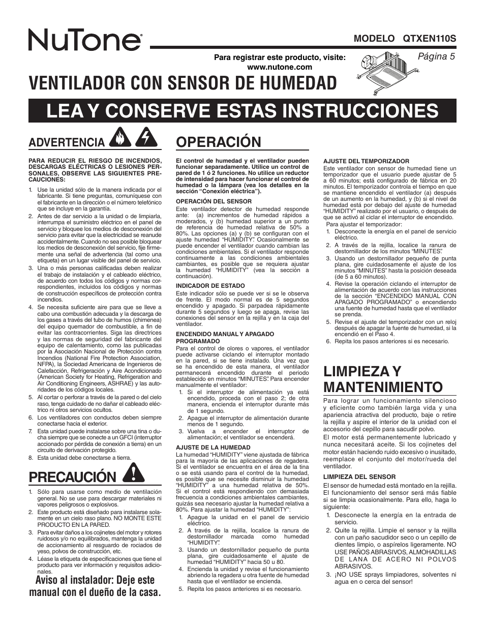 Lea y conserve estas instrucciones, Ventilador con sensor de humedad, Precaución | Limpieza y mantenimiento, Operación, Advertencia, Página 5 modelo qtxen110s | NuTone Humidity Sensing Fan QTXEN110S User Manual | Page 5 / 8