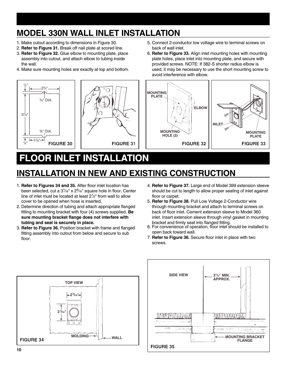 Floor inlet installation, Model 330n wall inlet installation, Installation in new and existing construction | NuTone CV352 User Manual | Page 10 / 12