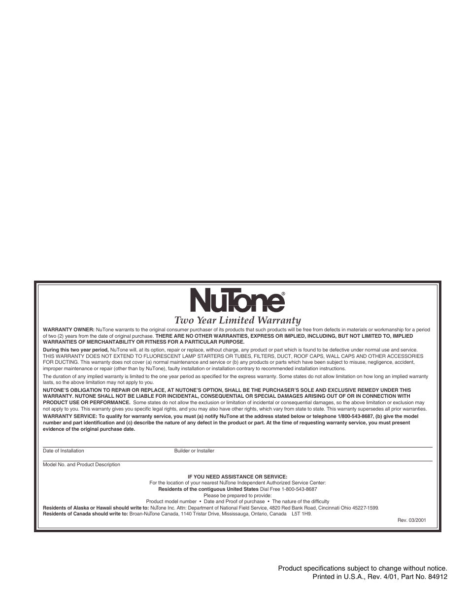 Two year limited warranty | NuTone CV352 User Manual | Page 12 / 12