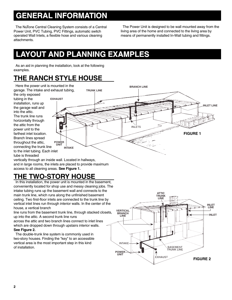 General information layout and planning examples, The ranch style house, The two-story house | NuTone CV352 User Manual | Page 2 / 12