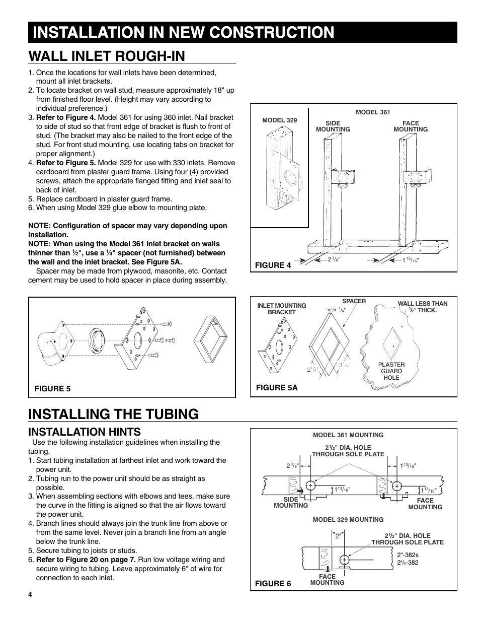 Installation in new construction, Wall inlet rough-in, Installing the tubing | Installation hints | NuTone CV352 User Manual | Page 4 / 12