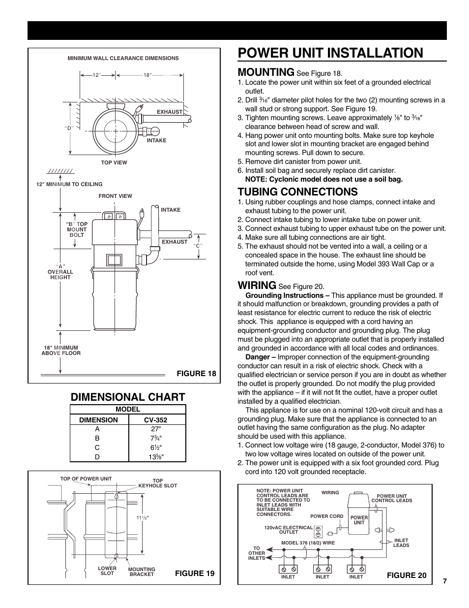 Power unit installation, Dimensional chart, Mounting | Tubing connections, Wiring | NuTone CV352 User Manual | Page 7 / 12