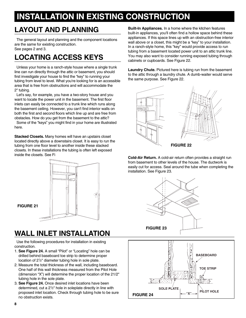 Installation in existing construction, Layout and planning, Locating access keys | Wall inlet installation | NuTone CV352 User Manual | Page 8 / 12