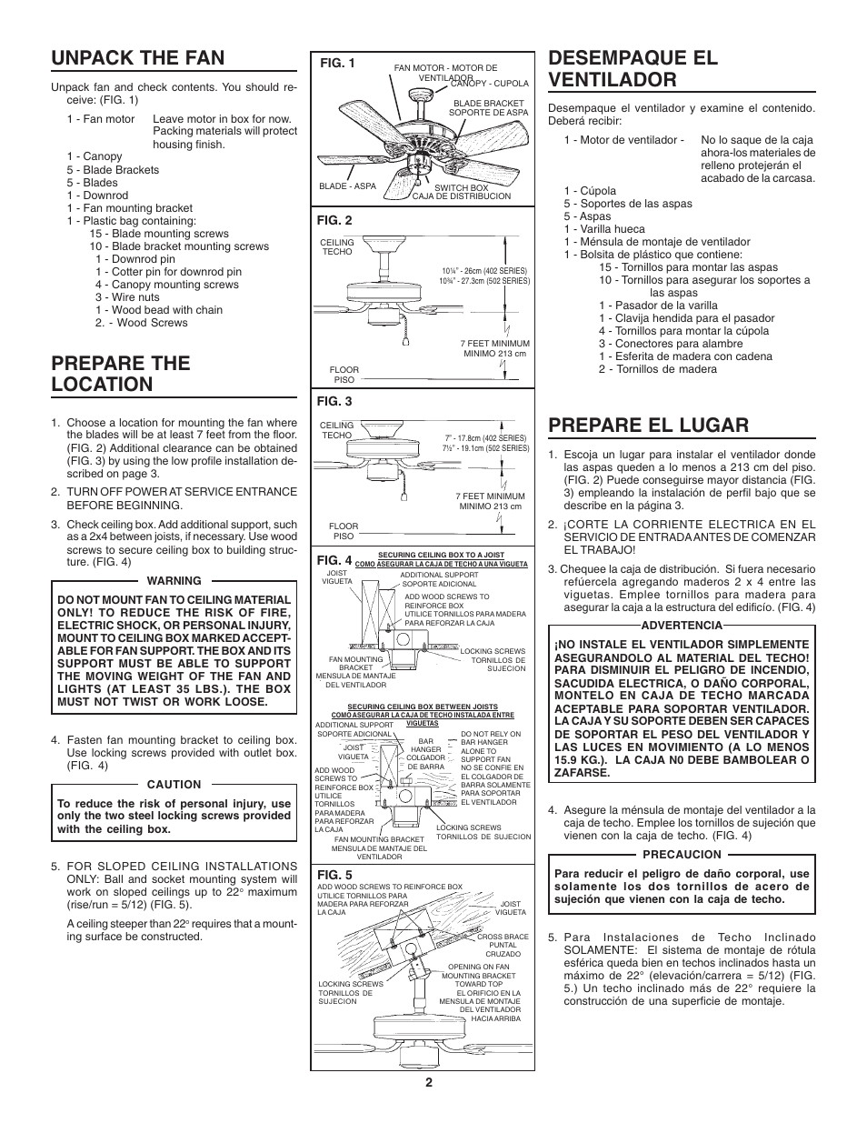 Unpack the fan, Prepare the location, Desempaque el ventilador | Prepare el lugar, Fig. 1, Fig. 2, Fig. 3, Fig. 4, Fig. 5 | NuTone PFMB42 User Manual | Page 2 / 8