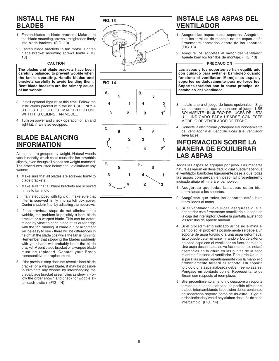 Install the fan blades, Blade balancing information, Instale las aspas del ventilador | NuTone PFMB42 User Manual | Page 6 / 8