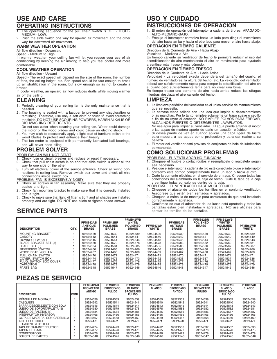 Uso y cuidado, Use and care, Service parts | Piezas de servicio, Instrucciones de operacion, Limpieza, Como solucionar problemas, Operating instructions, Cleaning, Problem solver | NuTone PFMB42 User Manual | Page 7 / 8