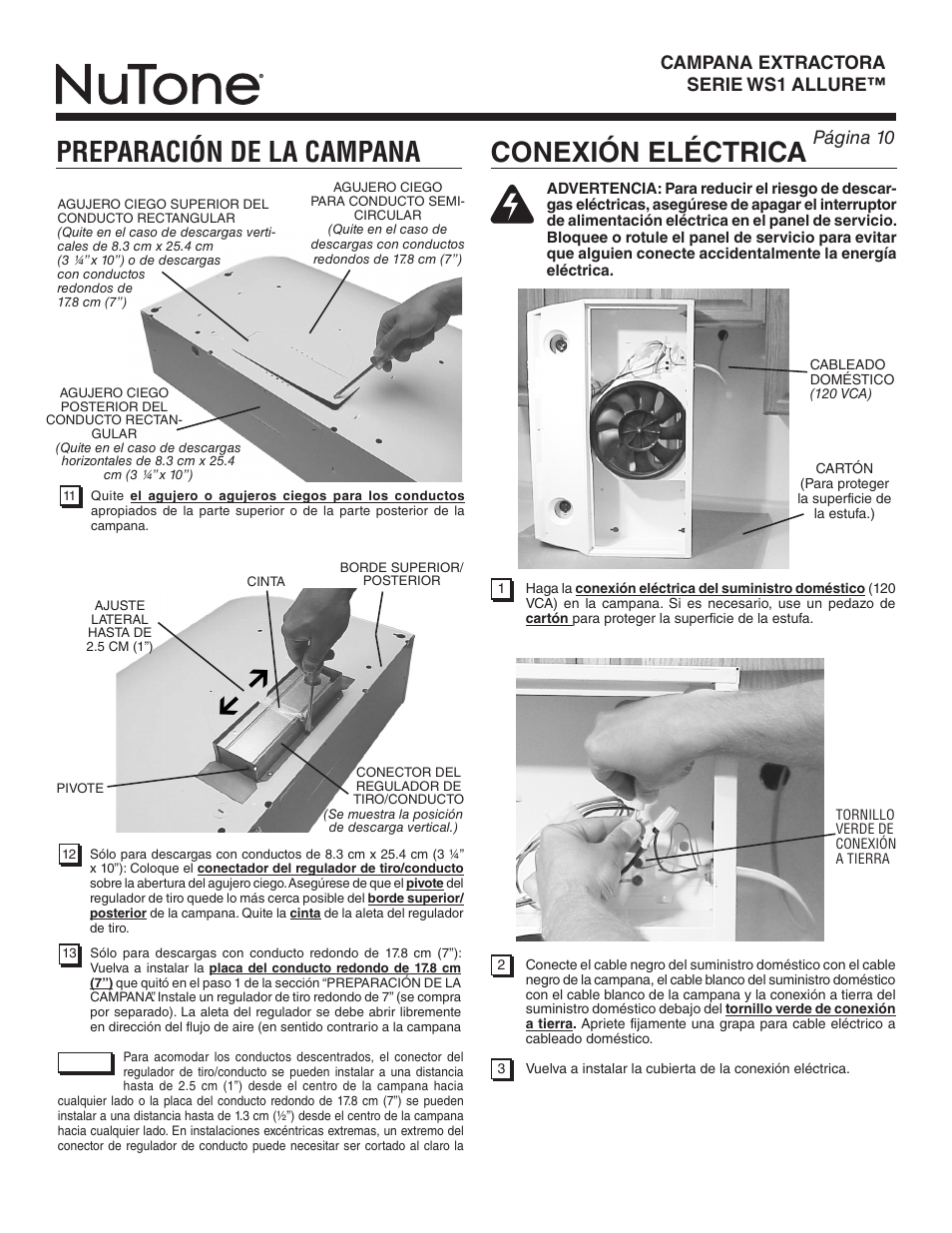 Conexión eléctrica, Preparación de la campana, Page 10 allure™ ws1 series range hood | Página 10 campana extractora serie ws1 allure | NuTone ALLURE WS1 SERIES User Manual | Page 10 / 12