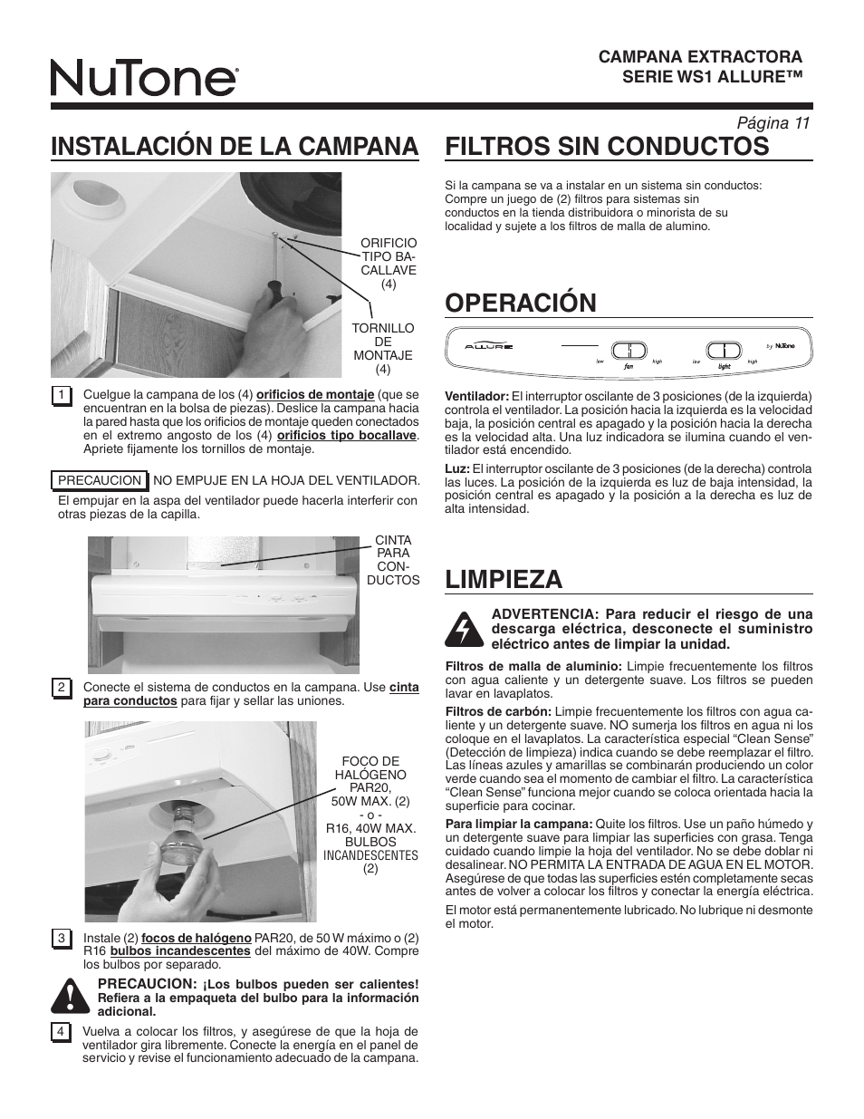 Operación limpieza, Filtros sin conductos instalación de la campana | NuTone ALLURE WS1 SERIES User Manual | Page 11 / 12