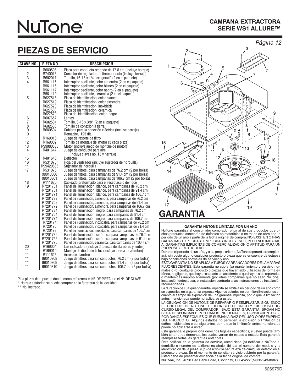 Piezas de servicio, Garantia, Campana extractora serie ws1 allure™ página 12 | NuTone ALLURE WS1 SERIES User Manual | Page 12 / 12