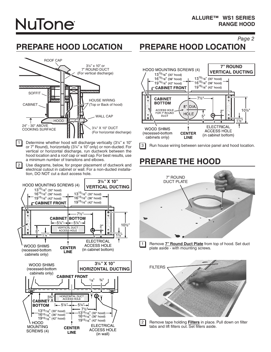 Prepare hood location prepare the hood, Prepare hood location, Page 2 allure™ ws1 series range hood | NuTone ALLURE WS1 SERIES User Manual | Page 2 / 12