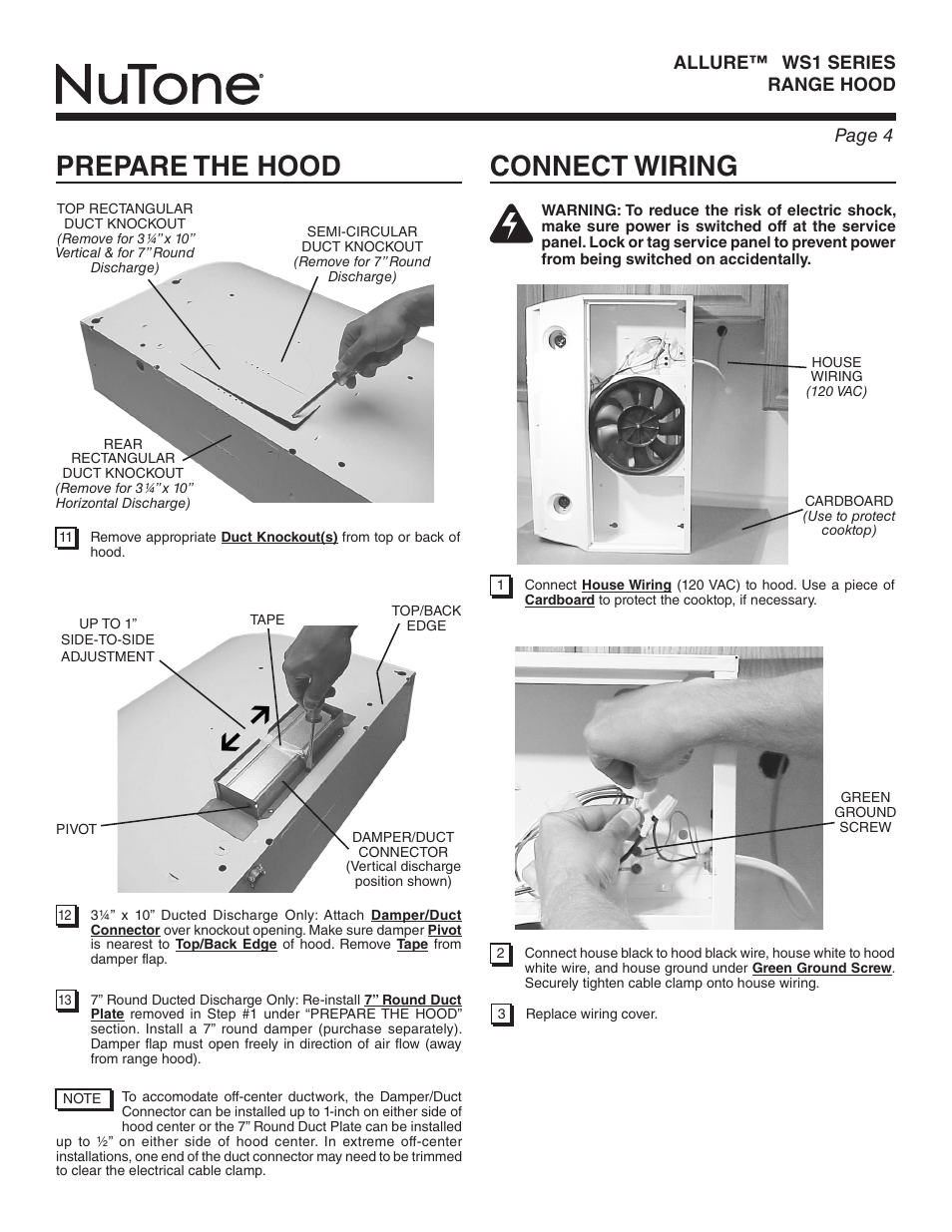 Connect wiring, Prepare the hood | NuTone ALLURE WS1 SERIES User Manual | Page 4 / 12