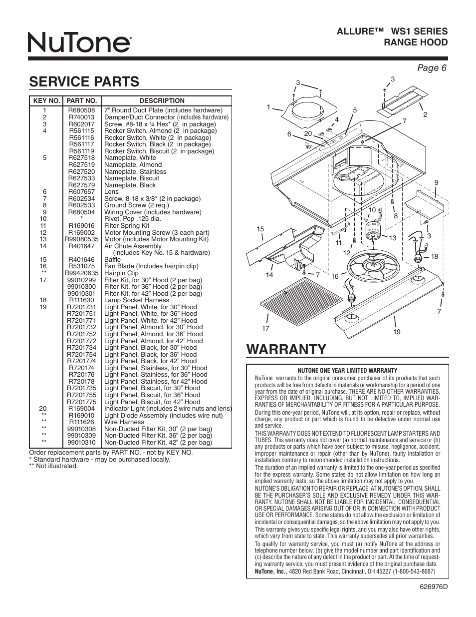 Warranty, Service parts, Page 6 allure™ ws1 series range hood | NuTone ALLURE WS1 SERIES User Manual | Page 6 / 12